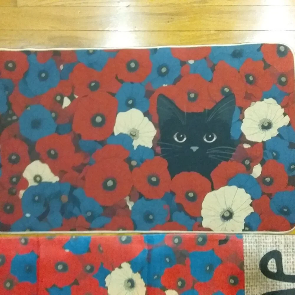 Cute Black Cat with Poppies House Flag and Rug